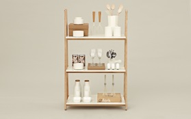 One step up shelf  low action front on beige background